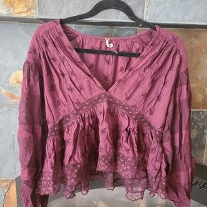 Free People Wine Red Deep V Neck Long Sleeve Top Semi Sheer Lace details XS